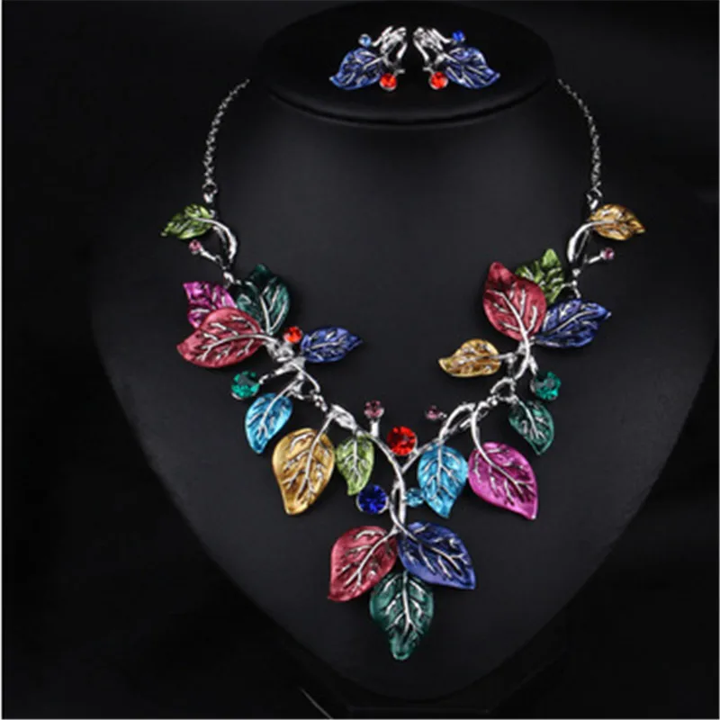 

Enamel Jewelry Set Women Necklaces and Earrings Fashion Party Punk Silver Crystal Leaf Jewelry Sets juego Collar Y Pendientes
