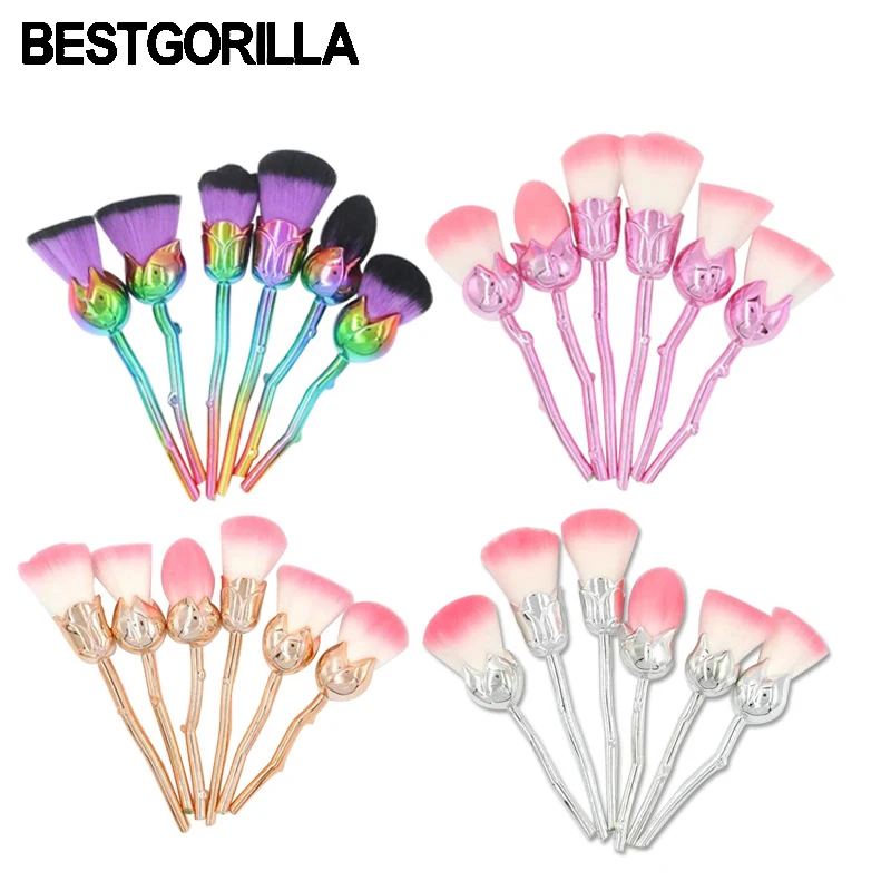 2017 New Design 6pcs Makeup Brushes Rose shaped Makeup Blush & Tools crystal Foundation Powder Make Up Brushes Women Gift