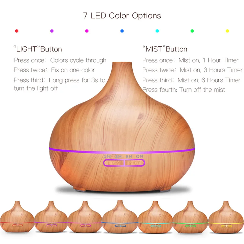 

500ML Air Humidifier Purifier 7 Color LED Light Wood Grain Aroma Essential Oil Diffuser Aromatherapy Cool Mist Maker for Home 35