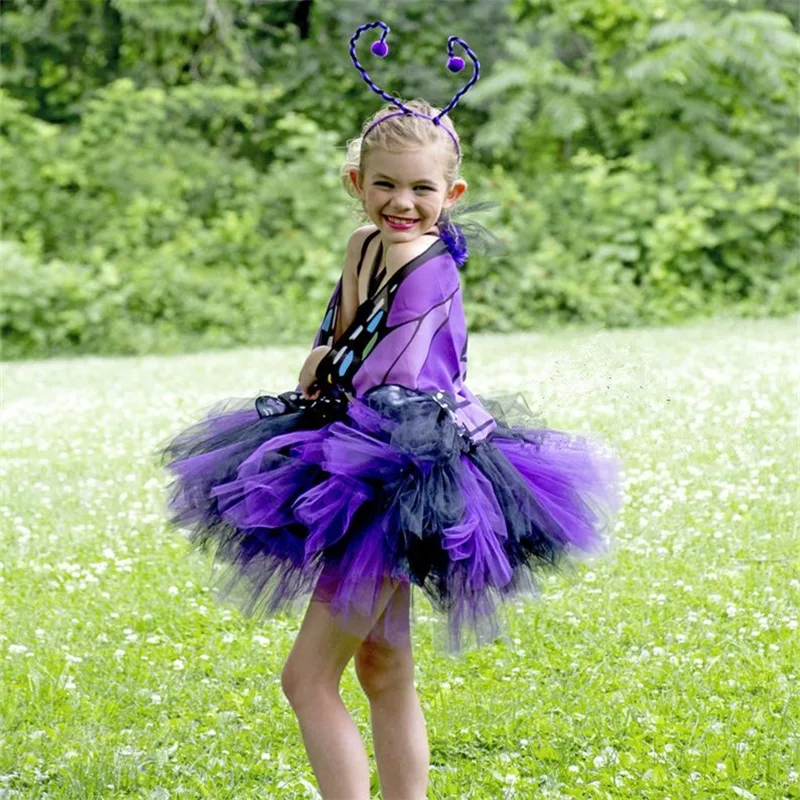 Сказочная балетная пачка фиолетового и черного цветов с бабочками для маленьких девочек костюм на Хэллоуин для детей, праздничные платья принцессы на день рождения для девочек, PQ