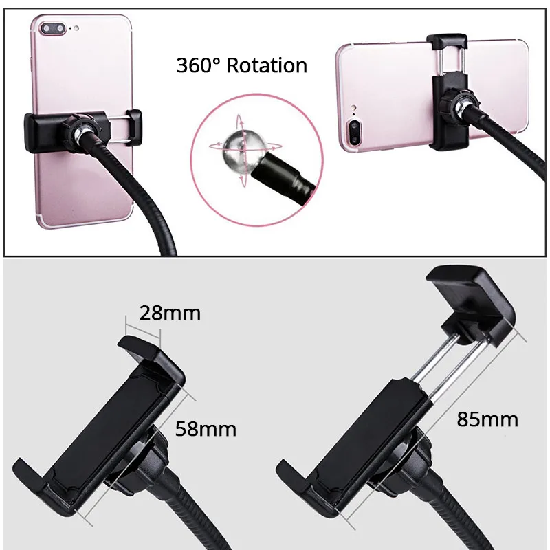  2 in 1 360 Rotating Phone Holder Stand Long Arm Flexible Desktop Stand 3 Modes Dimmable LED Fill Li