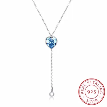 

Lekani Heart Crystals From Swarovski Long Chain Pearl Pendant Necklaces Real 925 Silver For Women Girls Gifts Fine Jewelry