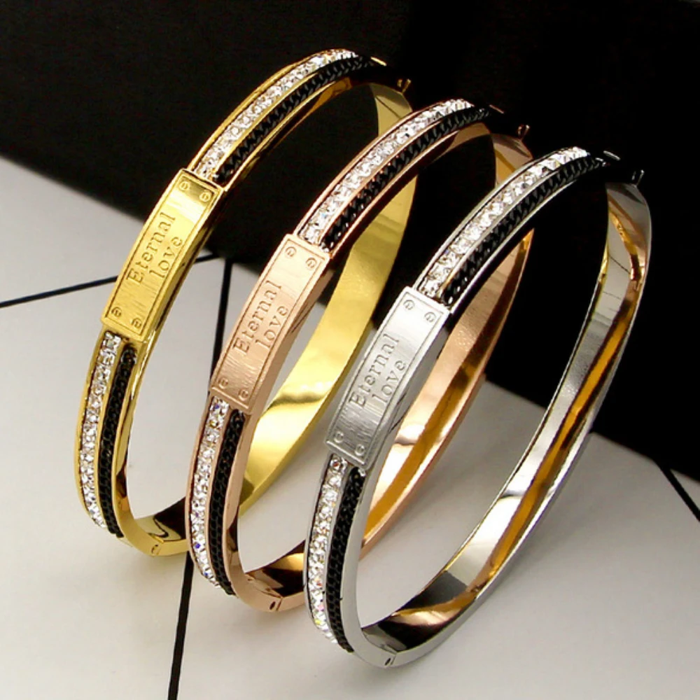 

Stainless Steel Black Chain Eternal Love Bangle Bracelet With Crsytal