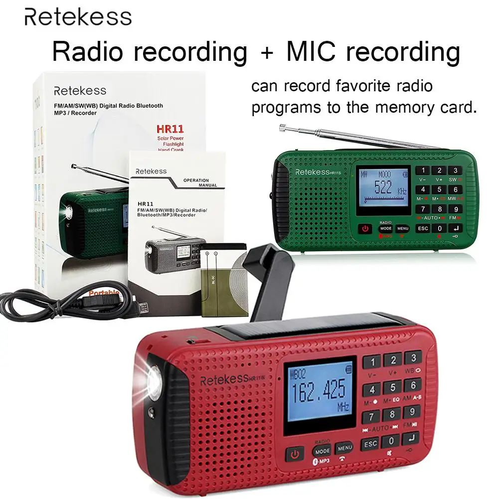 

For RETEKESS HR11S Portable Radio Emergency Crank Solar Receiver FM Radio MW SW with TF Bluetooth MP3 Player Digital Recorder