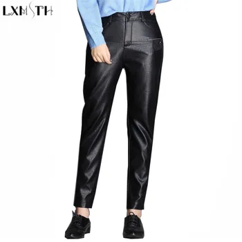

LXMSTH Autumn Winter Ankle Length Leather Pants Women High Waist Casual PU Pants Large Size Slim Thin Ladies Leather Trousers 33