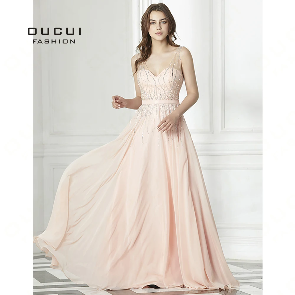 

Real Photos Chiffon V-Neck A-Line Long Evening Dresses Party Gown Elegant Handwork Beading Formal OL102989