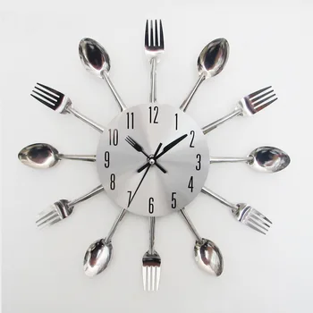 

New Modern Kitchen Cheap Wall Clock Sliver Cutlery Clocks Spoon Fork Creative Wall Stickers Mechanism Design Home Decor Horloge