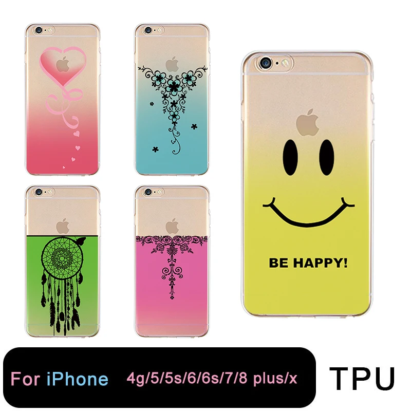 TPU Clear Gradient Phone Case For iPhone 6 6s 7 8plus x with flower heart smile Free shipping 4 5se |