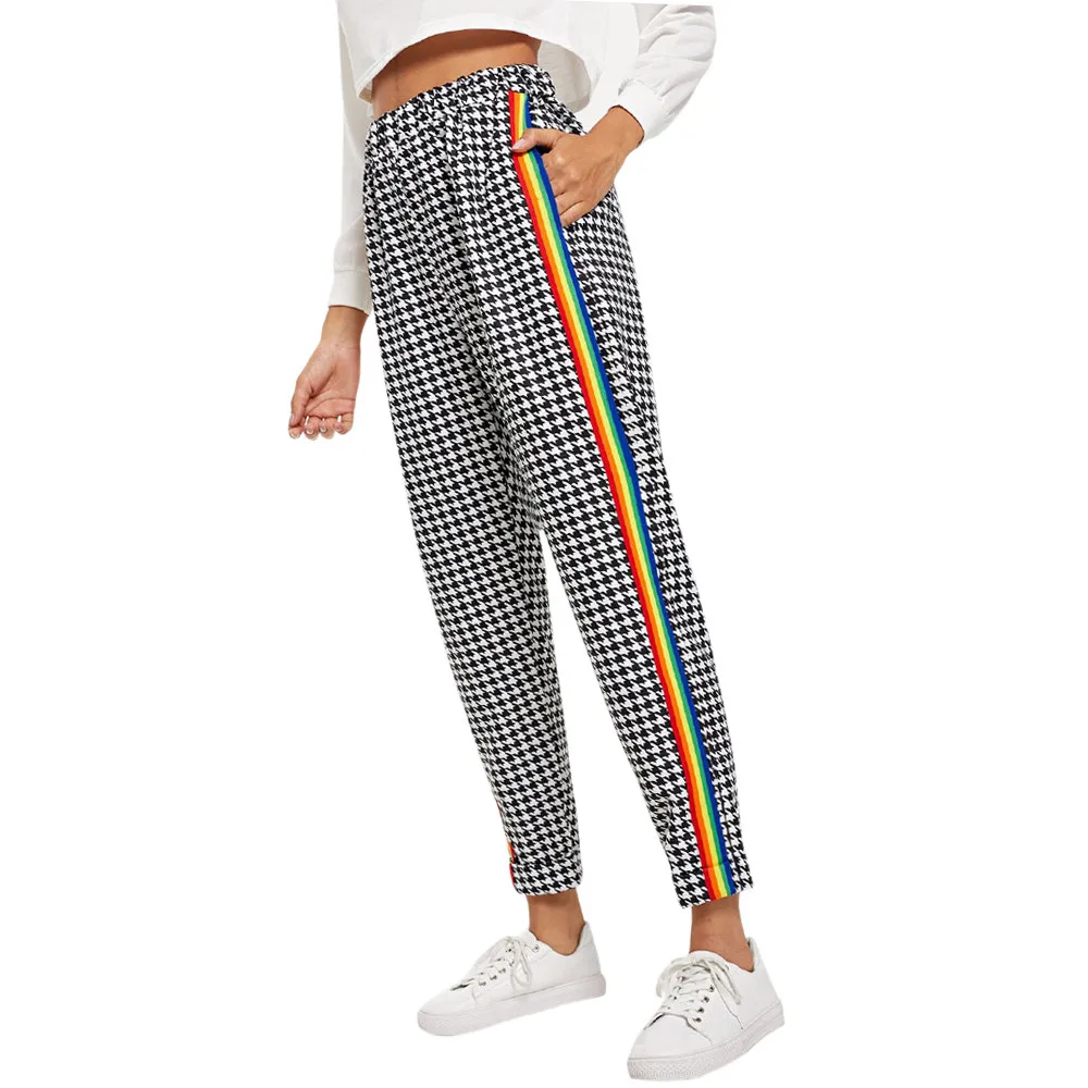 

2019 Fashion Womens Rainbow Striped Print Mid Elastic Waist Loose Drawstring Ringer Long Pants With Pocket Ladies Hot Trousers