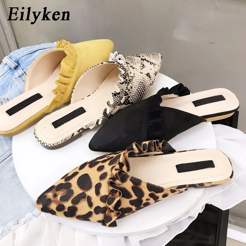 Eilyken; Новинка; модные туфли без задника из флока с острым носком и оборками; женские тапочки; сезон весна-лето; шлепанцы на плоской подошве