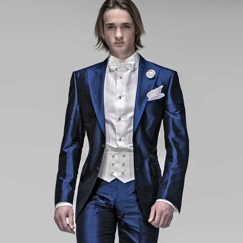 Shinny Italian Navy Blue Satin Double Breasted Men Suits Slim Fit Formal Gentlemen Wedding Suits For 