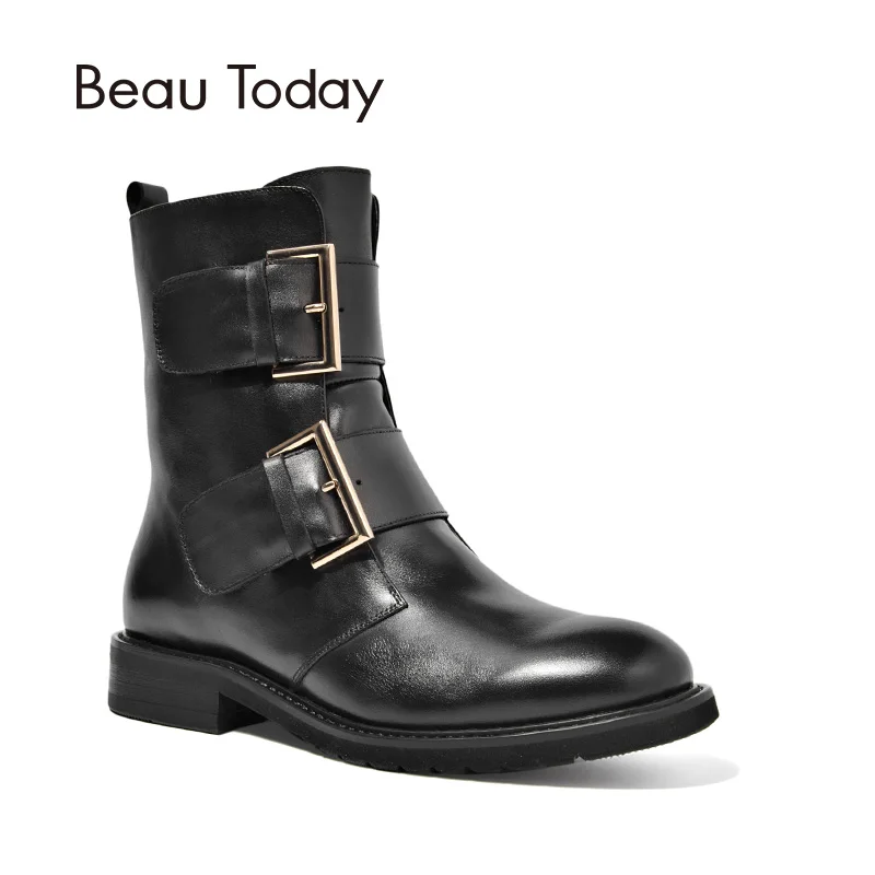 

BeauToday Motorcycle Boots Women Buckles Brand Quality Genuine Leather Calfskin Handmade Zipper Lady Shoes 03071