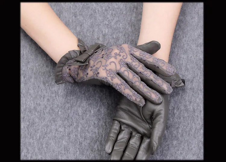 Летние женские перчатки из натуральной кожи с сенсорным экраном, женские элегантные кружевные солнцезащитные перчатки, женские черные перчатки для вождения, анти-УФ, s m l