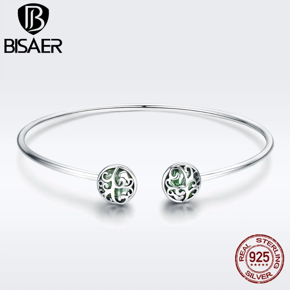 

BISAER Authentic 925 Sterling Silver Tree of Life Tree Leaves Crystal Femme Cuff Bangle for Women Sterling Silver Jewelry GXB057