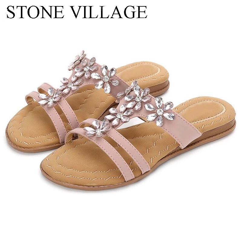 

2108 New Summer Women Sandals crystal Slides Bohemian Flowers Beach Women Slippers Women Shoes Summer Shoes Pink Red