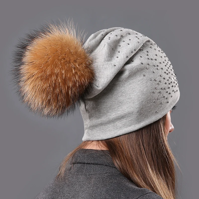 Женские зимние теплые шапки из хлопка с помпонами натурального меха енота|pom pom