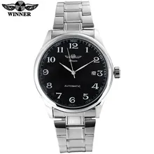 2016 GAGNANT célèbre marque hommes d’affaires automatique auto vent montres cadran noir transparent en verre argent boîtier en acier inoxydable bande