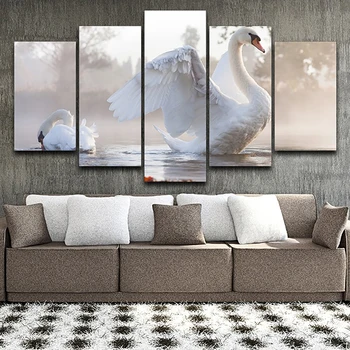 

Decor Printed Pictures Painting Wall Art Modular Poster 5 Panel White Swans Animal Modern Canvas Living Room Framework HD Home