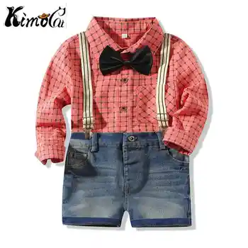 

Kimocat kids clothes Gentlemen's casual long-sleeved plaid shirt + denim suspenders for spring and fall boys clothes