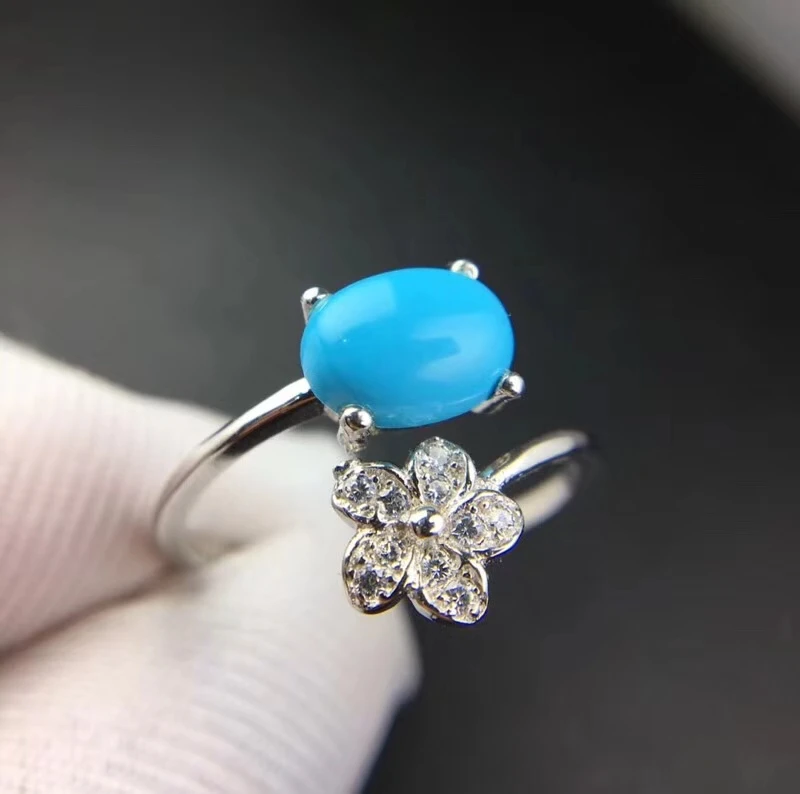 

Opening design Natural blue turquoise gem Ring Natural gemstone ring S925 silver trendy elegant Flower women party gift Jewelry