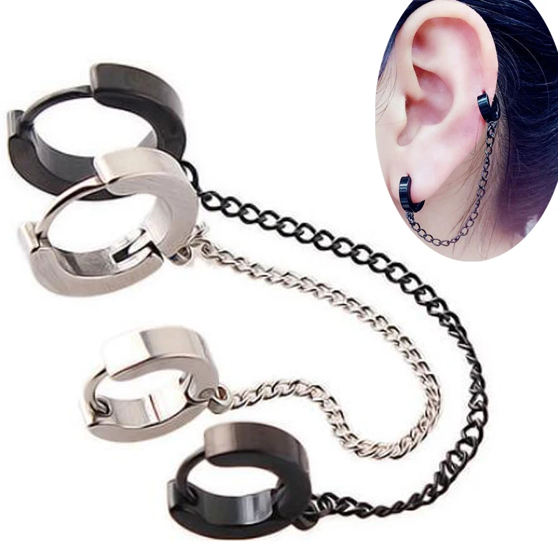 

2 Pieces Huggie Earring Long Tassels Chain Cross Stainless Steel Earring Men boy girl Rock 2 Ear Holes Earrings