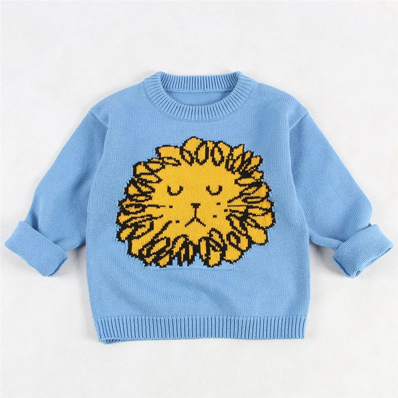 

Baby Boys Girls Knit Sweaters Cute INS Lion Cartoon Printed Pullovers Blue Children Autumn Winter Clothing Age For 12M-6Y