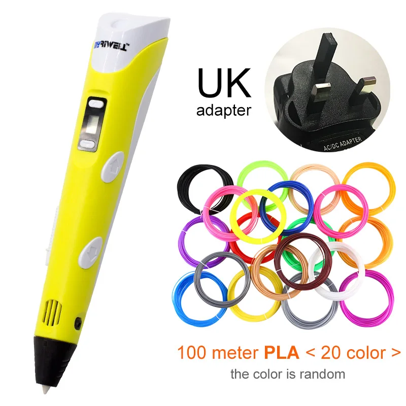 Yellow UK-100m PLA Myriwell 3D Ручка светодиодный экран DIY 3D печатная ручка 100 м ABS нить креативная игрушка подарок для детей дизайн рисунок - Цвет: Yellow UK-100m PLA