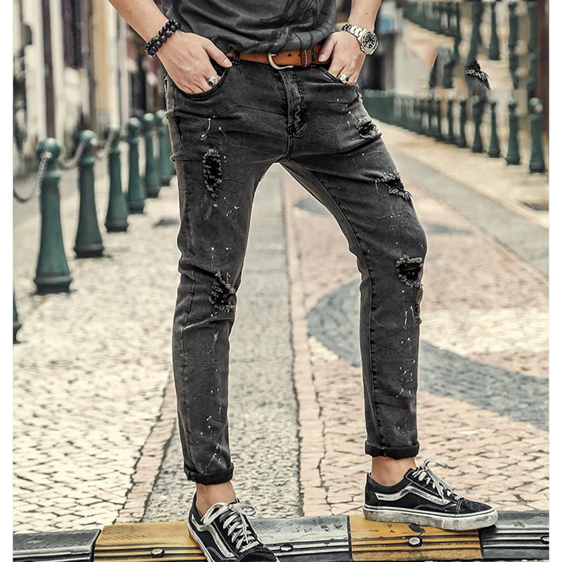 

Metrosexual Men Washed Retro Ripped Holes Slim Jeans Men European Style New Autumn Winter Stretch Grey Button Fly Jeans K871