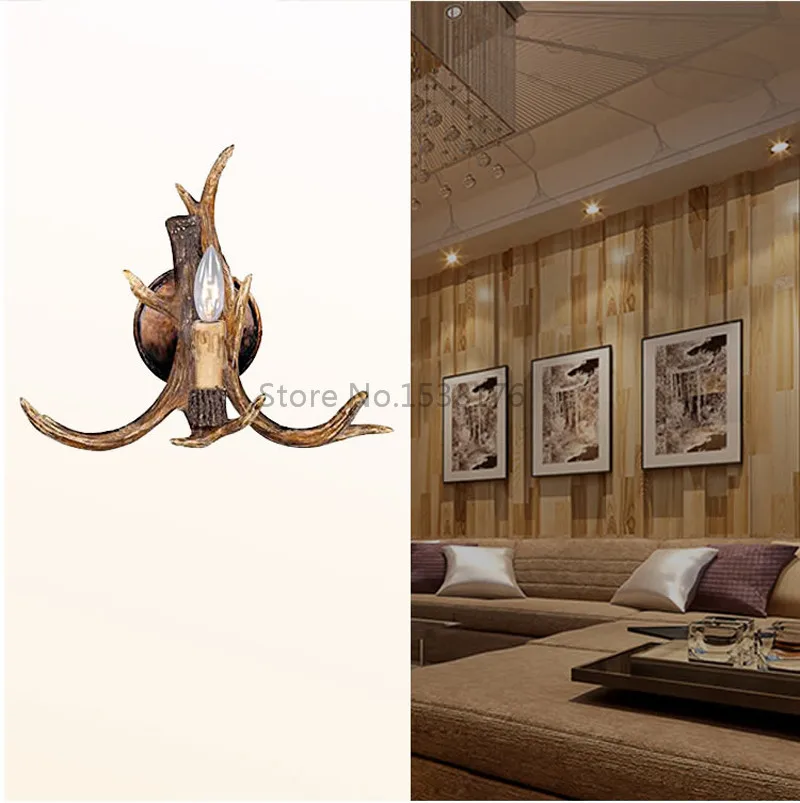 Rustic Retro Resin Antler Wall Sconce 2 Light Fixtures Lamp American Country Wall Light Deer Horn candle Lampshade 110-240V2