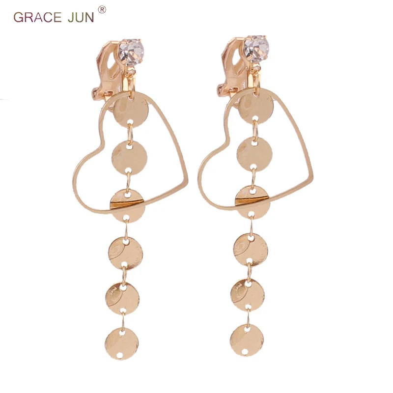 

Copper Material Long Round Piece Clip on Earrings for Women Fashion Korea Style Heart Star Square No Pierced Earrings Best Gift