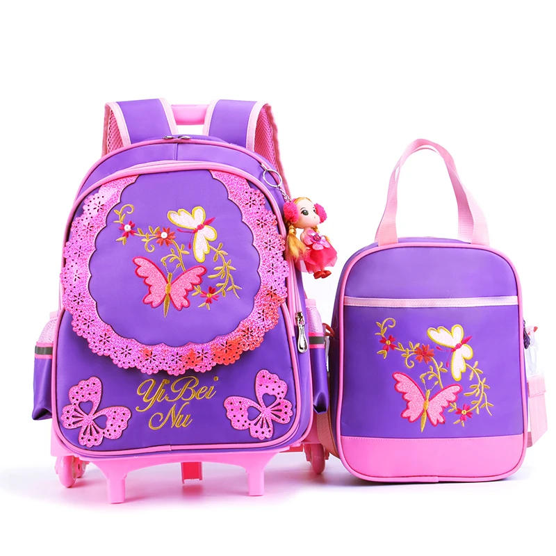 

Trolley Bag For Girls Cartoon Children School Bags With 3 Wheels Waterproof Nylon Kids Wheeled Schoolbags Detachable Trolley