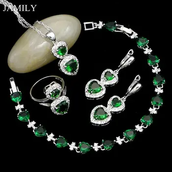 

JAMILY 925 Silver Engagement Jewelry Sets For Women Natural Green Stone Crystal Earrings/Pendant/Ring/Necklace/Fashion Bracelet
