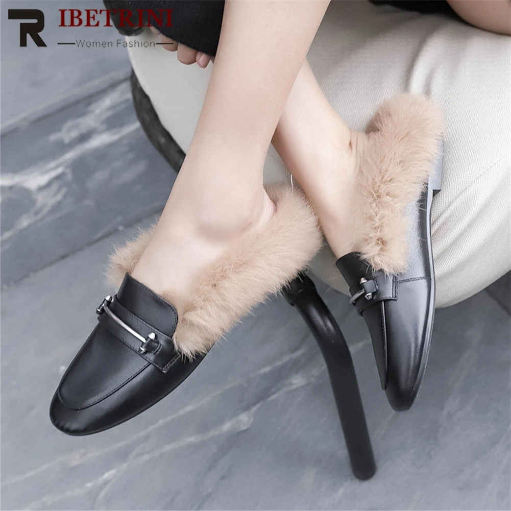 

RIBETRINI New Solid Metal Decoration Slip On Genuine Leather Shoes Woman Casual Soft Spring Autumn Fur Flats Big Size 34-43
