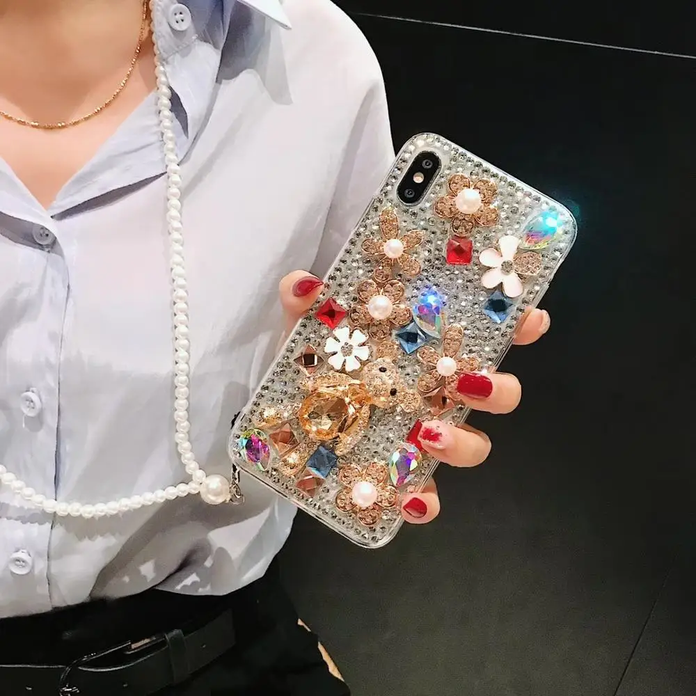 

DIY Luxury Bling Jewelled Rhinestone Crystal Diamond Bear Hanging chain Phone Case Cover For iPhone X 6s 7 8 Plus XR Xs Max Capa