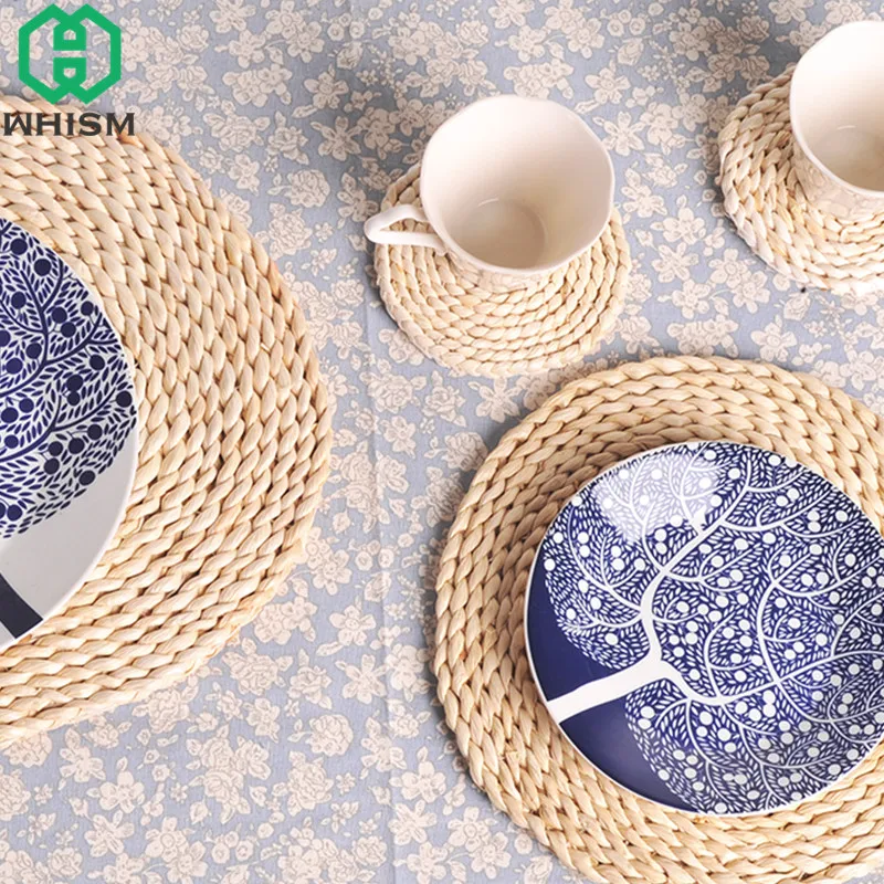 WHISM Rattan Placemats Straw Cup Coasters Dining Table Mat Heat Insulation Pot Holder Wicker Drink Coaster Kitchen Accessories