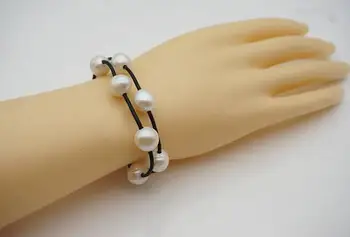 

New Arriver AA 10-11mm Big White Potato Round Genuine Freshwater Pearl Bracelet 2 Rows Real Leather Pearl Jewellery