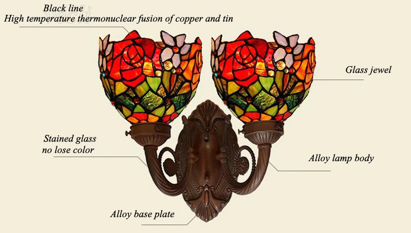 Витражное стекло, один светодиодный светильник, настенный светильник, лампа Wandlamp, цветок розы, свадебная комната, спальня, декоративный настенный светильник, домашнее освещение