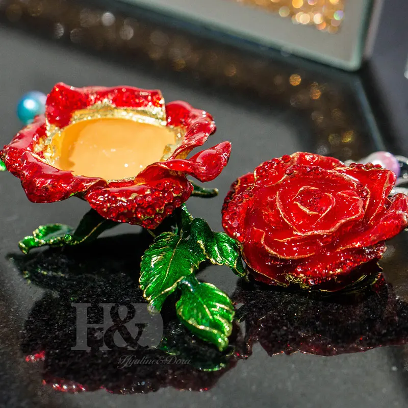 H& D, ручная роспись, красная роза, держатель для ювелирных изделий, коробка с элегантными кристаллами, декоративная фигурка розы, ювелирный держатель для роскошных рождественских подарков