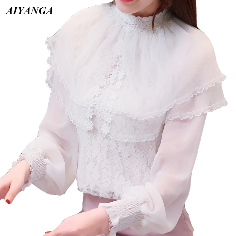 2019 Spring Chiffon Shirts Womens Long Sleeve Lace Blouses and Pullovers Patchwork Ruffles Elegant Ladies White Top Pink | Женская