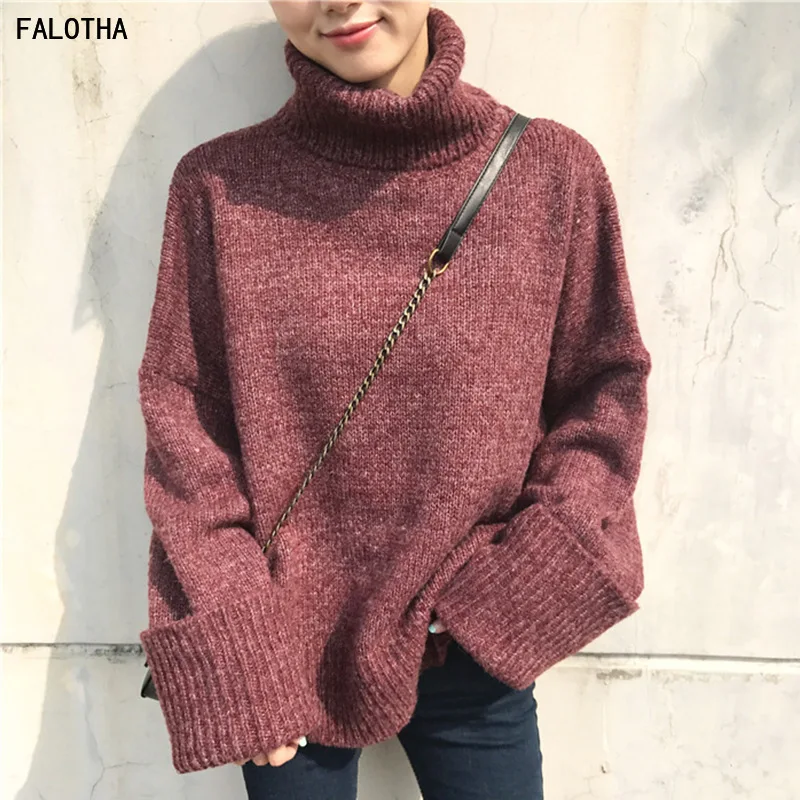 

2018 Korea Retro Chic Autumn Simple Wild High Collar Thick Line Long-sleeved Sweater Loose Slimming Solid Color