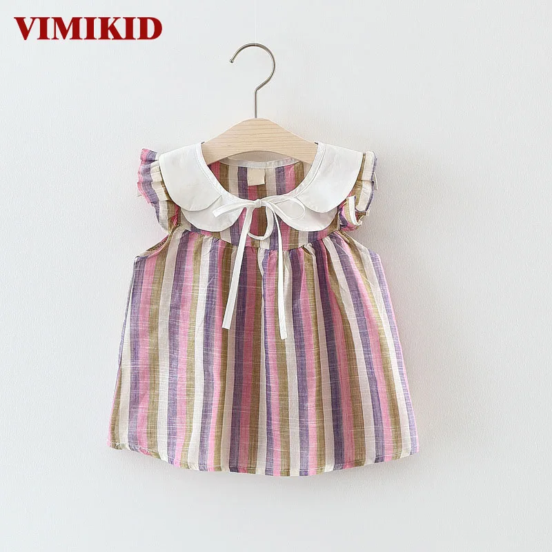 Vimikid Новинка 2017 летнее платье для маленькой девочки кукла воротник с коротким рукавом платья в полоску детская одежда из хлопка платье для
