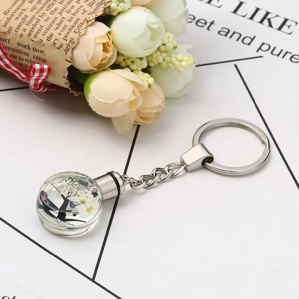 

Doreen Box Glass Dried Flower Keychain & Keyring Round Silver Color Transparent Tree LED Light Up 10.2cm(4") x 3cm(1 1/8"), 1 PC