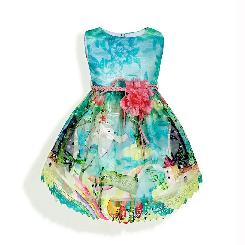 Mesh Floral Printed Children's Sleeveless Princess Dress Sexy Wavy Hem Lace Dress Free Belt Big Pink Flower Kids Dresses09