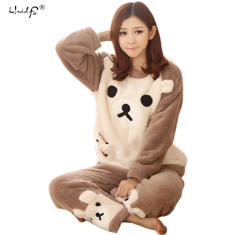 Women Pajama Sets 2017 Autumn winter Flannel Cartoon Warm