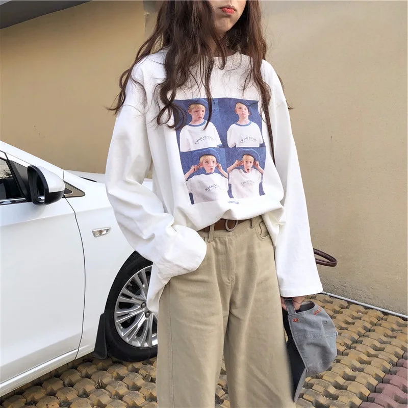 T- Shirts Women Long Sleeve Harajuku Trendy Leisure All-match Loose Womens Clothing Korean Style Spring New O-Neck Chic Daily