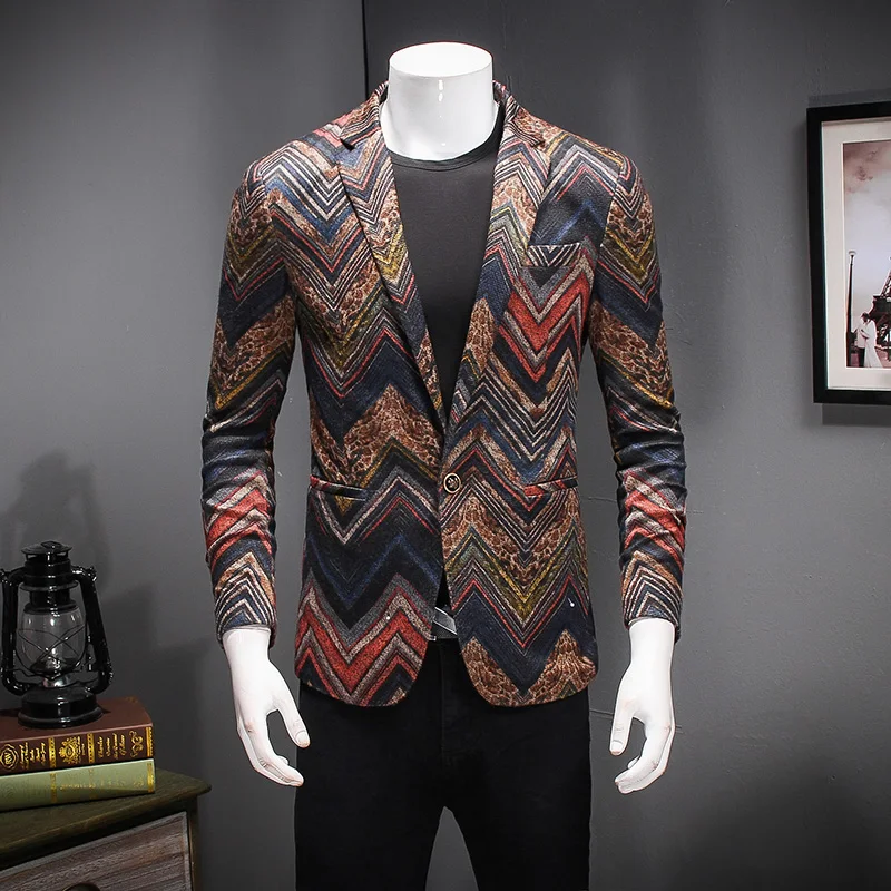 

2019 Male Floral Jacket Suit Painting Mens Blazers Fashion 1 Button Suits With Bow Tie Slim Fit Party Blazers Brown M-4XL 9707