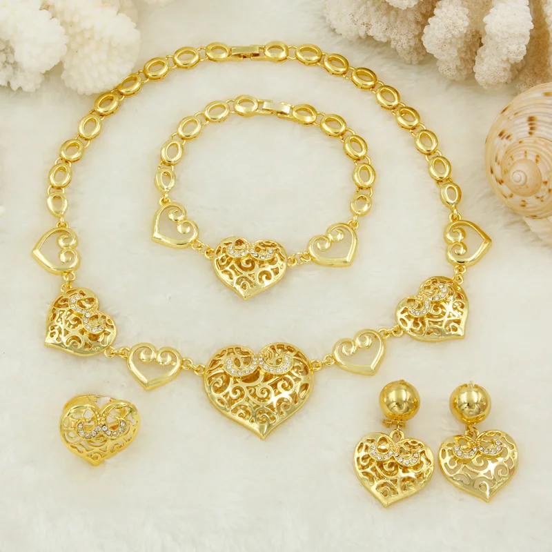 

2019 Quality New Royal Dubai African Jewelry Sets Heart Jewelry Chain Necklace Drop Earrings Heart Wedding Engagement Jewelry