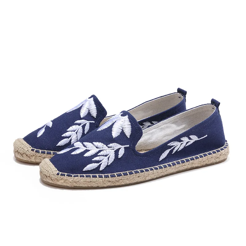 

Slip on flat espadrilles with embroidery leaf pattern in blue color