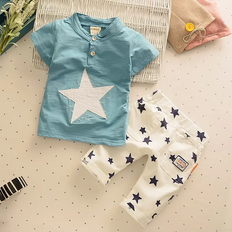 BINIDUCKLING Boys Cotton Short Sleeve Shirt Shorts 2 Pieces Children Summer Clothing Set