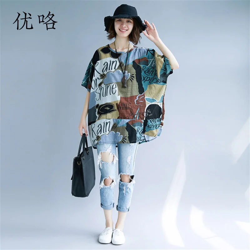 Günstige 2019 sommer Mode Baumwolle Leinen T Hemd Frauen Plus Größe Vintage Abstrakte Kunst Gedruckt T Shirts Weibliche Beiläufige Lose T shirt top